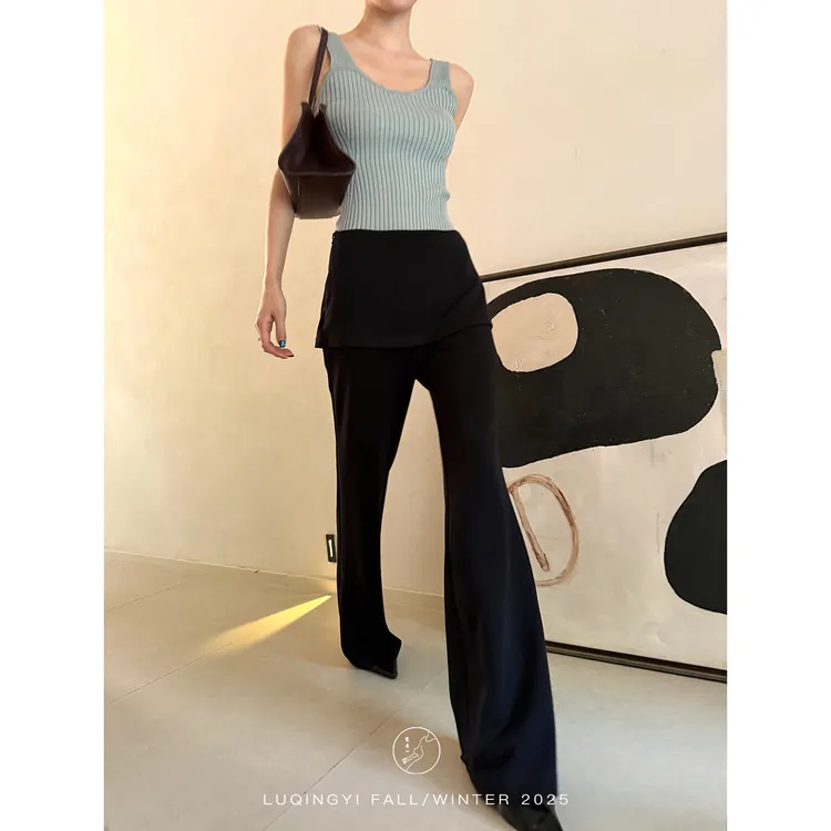 鹭青一原创【引墨】柔软莫代尔休闲裤女简约黑色微喇裤 L25K1066L