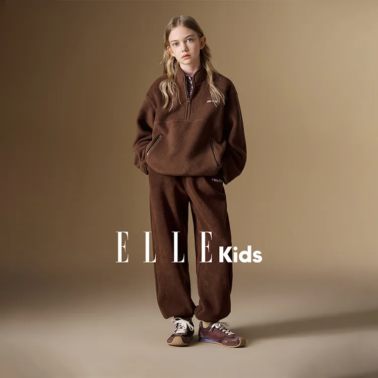 ELLE KIDS童装复古羊羔绒套装女儿童冬新款绣花卫衣+卫裤两件套D1