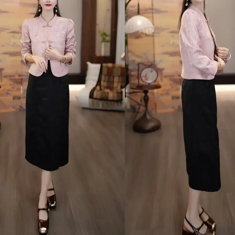 2025秋季新中式国风胭脂水粉霜花上衣短外套+黑色半裙套装M-4XL