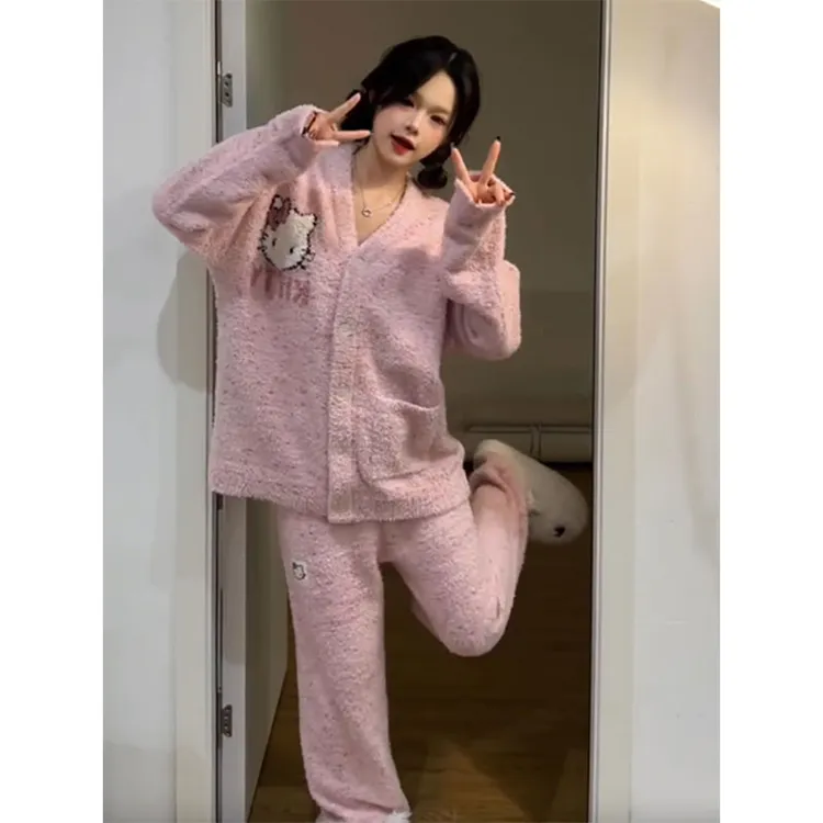 甜美卡通猫半边绒睡衣女2025秋冬季大码半边绒保暖加厚家居服套装