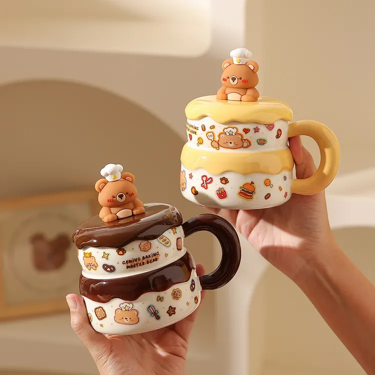 高颜值陶瓷马克杯带盖情侣杯卡通漂亮喝水杯子女生日蛋糕水杯家用