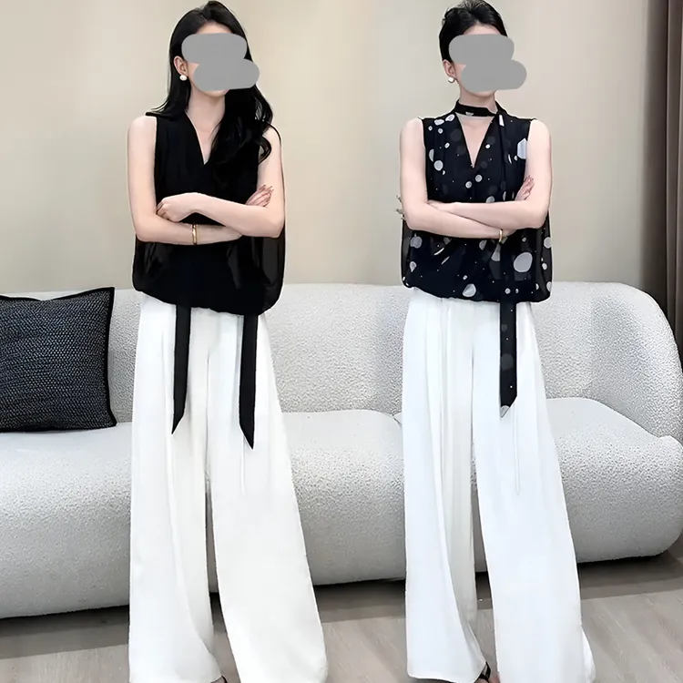 2025夏季新款设计感飘带V领无袖衬衫女百搭西装阔腿休闲裤两件套