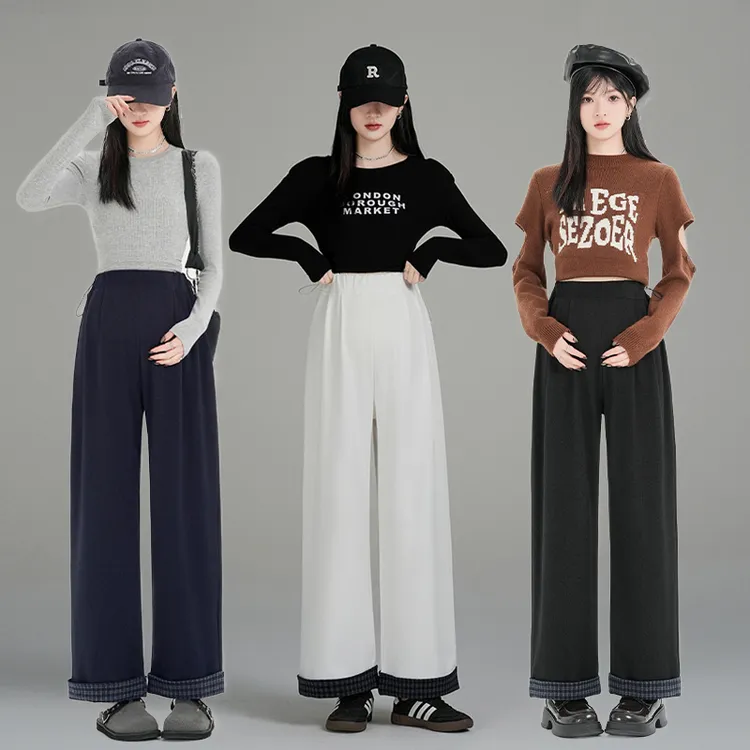 【M-4XL】孕妇裤子秋冬季复古宽松直筒休闲阔腿裤潮流设计感显瘦裤