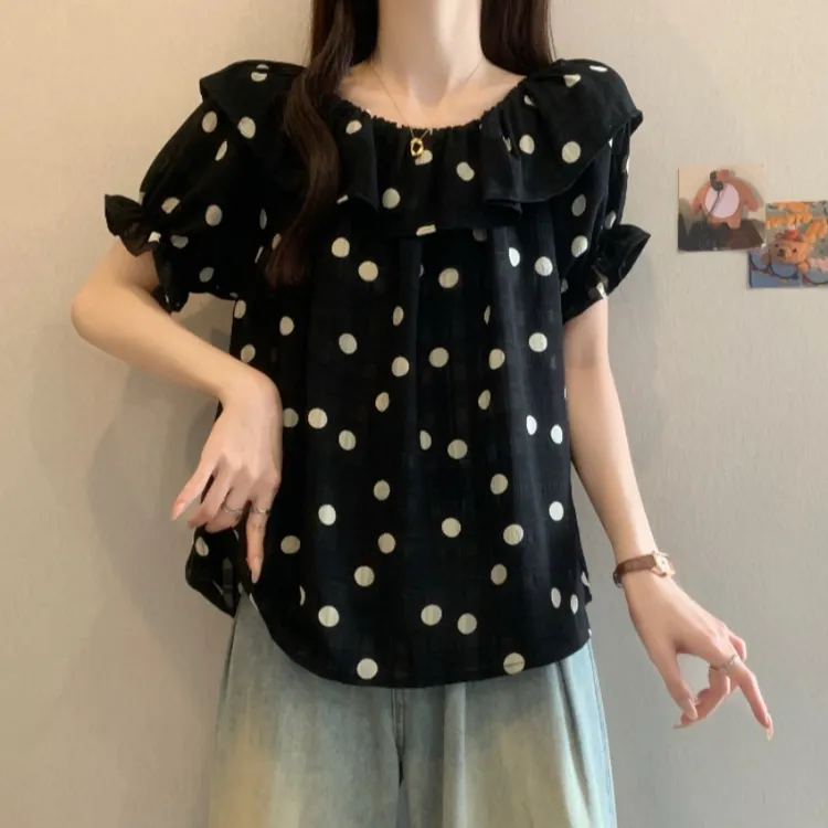大码法式荷叶边波点短袖衬衫女夏季胖MM宽松显瘦百搭洋气减龄上衣