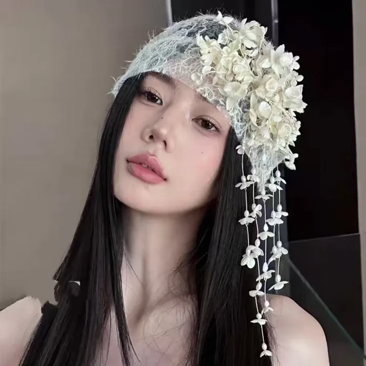 新娘头饰白色宽边时尚甜美韩版贝雷镂空流苏欧美针织680