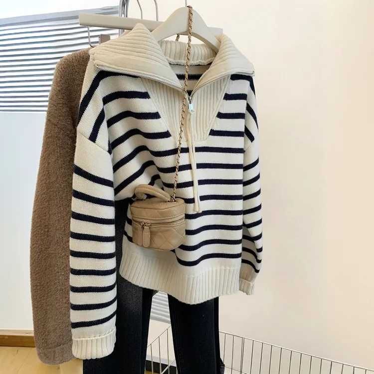 条纹海军领半拉链针织毛衣女春季2025新款品质时尚翻领加厚上衣潮
