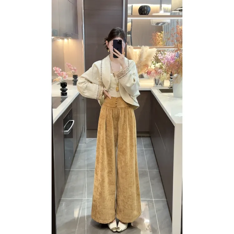 【周粥】【星辰裤】2025秋季新款高腰丝绒直筒休闲裤预JJX5XXK3810