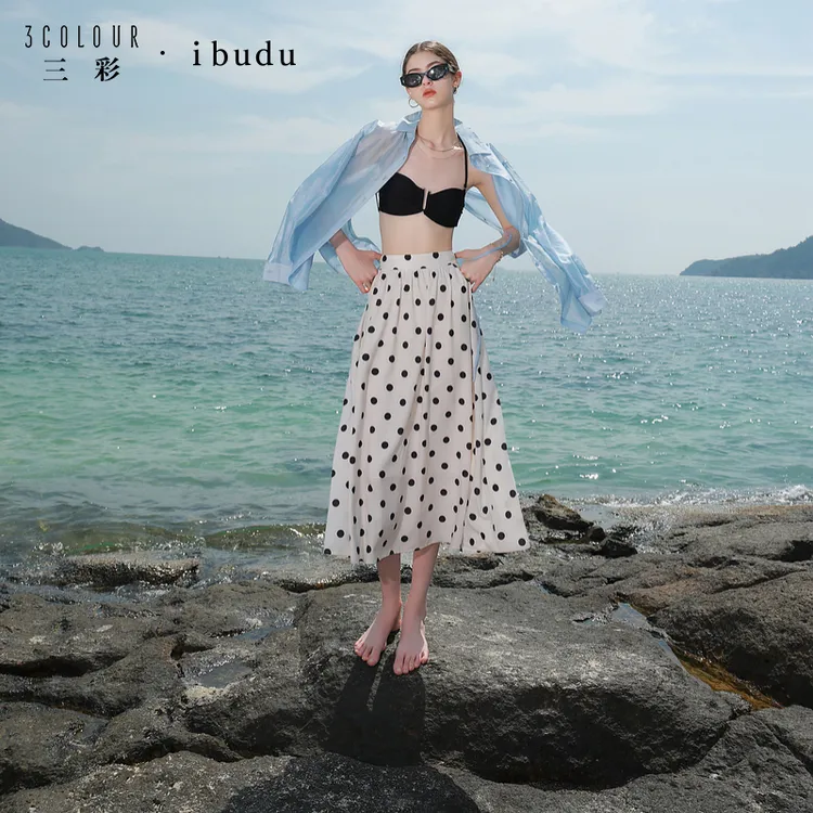 三彩ibudu2025夏季新款半身裙松紧高腰A字裙复古长裙法式女