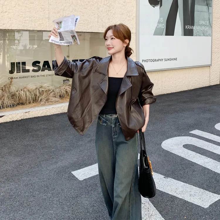 美拉德咖色皮衣外套2025春秋新款小众轻熟风复古松弛感甜酷风夹克