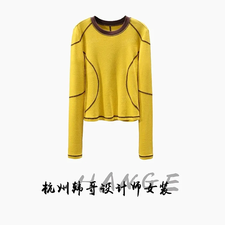 【韩哥女装】2025秋冬《金缕裁衣》姜黄色明辑线高弹打底上衣6020-A3