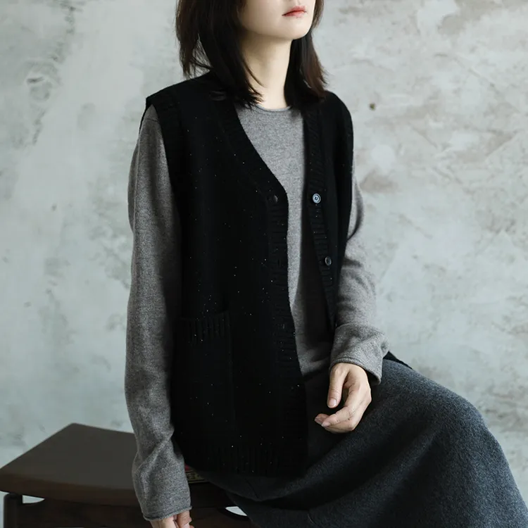 尘染针织黑色叠穿马甲女2025新款羊毛无袖简约开衫早秋穿搭上衣