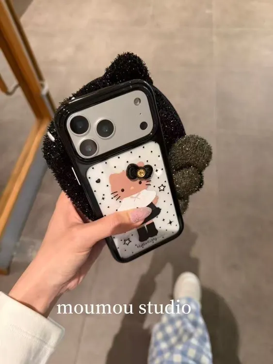 日韩可爱波点黑裙KT猫适用苹果17Promax手机壳16亚克力15创意14女