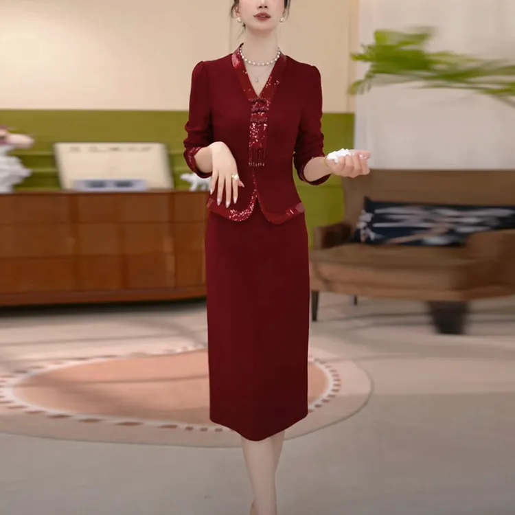 色织精纺婚宴时尚女装2025秋季新款显瘦洋气质红色假两件连衣裙子