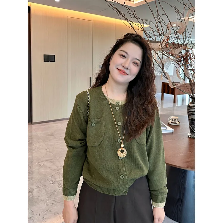 WenWen小个子秋季新款韩版时尚洋气显瘦长袖圆领假两件针织衫4361