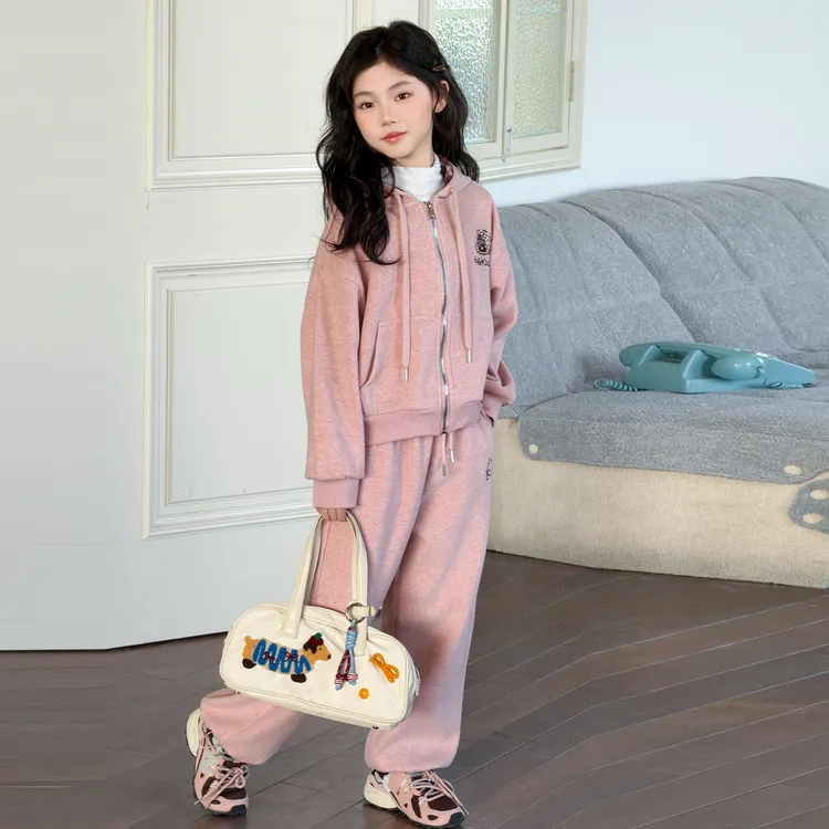 女童2026春季中大童纯色女拉链套头连帽套装运动时髦时尚两件套
