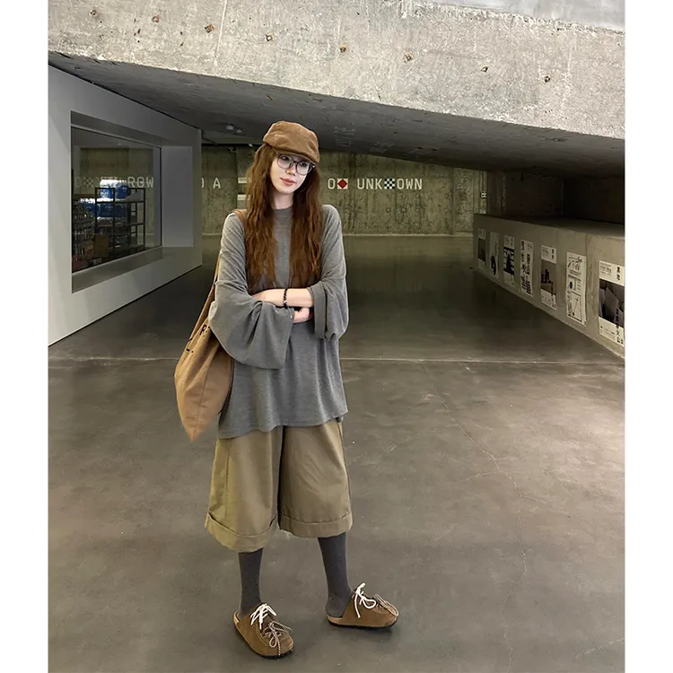 parkyeon慵懒简约宽松长袖T恤上衣女秋季高腰显瘦阔腿休闲裤套装