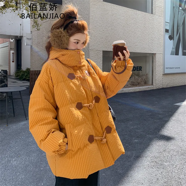 黄色格子连帽羽绒服外套女冬季2025新款白鸭绒显瘦保暖加厚面包服