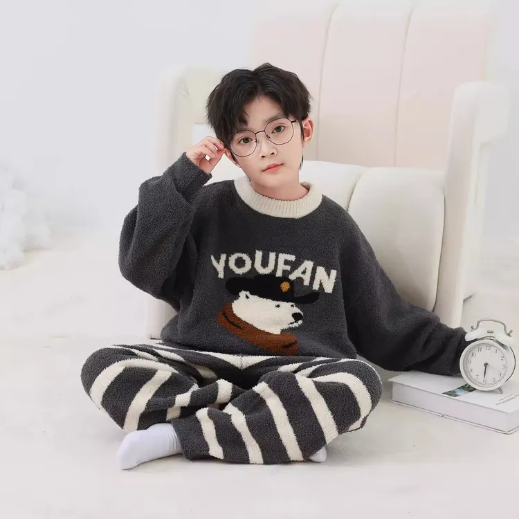 男童秋冬款珊瑚绒睡衣套装2025新款大童冬季加绒儿童法兰绒家居服