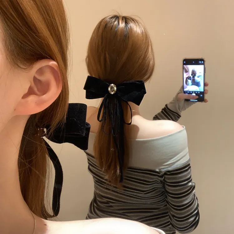 丝绒蝴蝶结闪钻飘带发夹弹簧夹后脑勺夹千金感公主头发饰法式