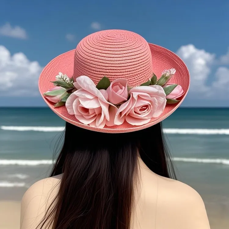 粉红花朵帽甜美优雅草帽户外时尚百搭女士