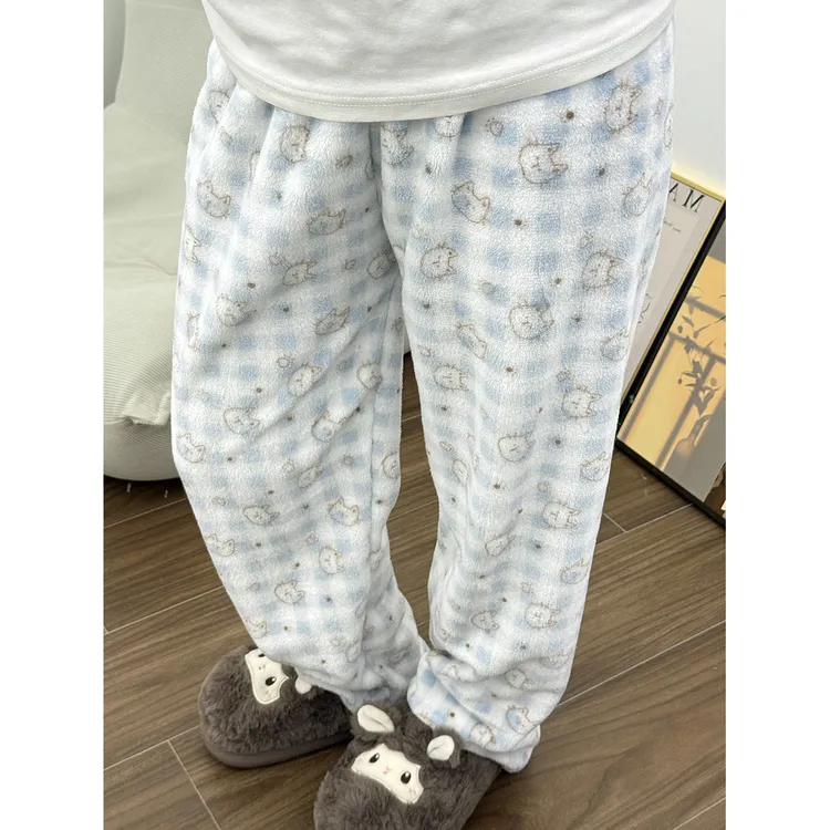 冬天遛弯裤卡通蓝格子喵喵法兰绒睡裤女家居裤新款珊瑚绒加厚保暖