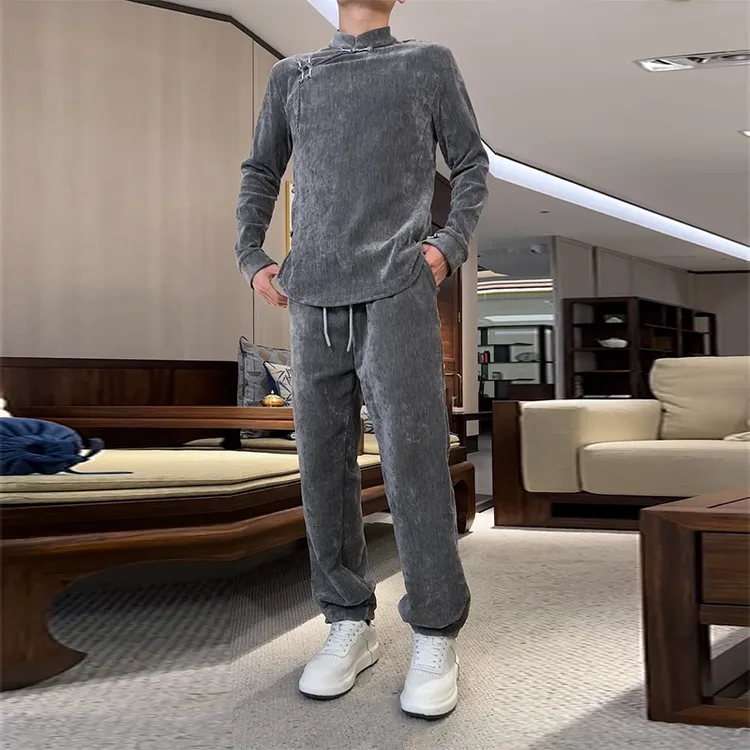 男装秋冬新款复古立领国风新中式斜襟盘扣保暖时尚男士两件套装