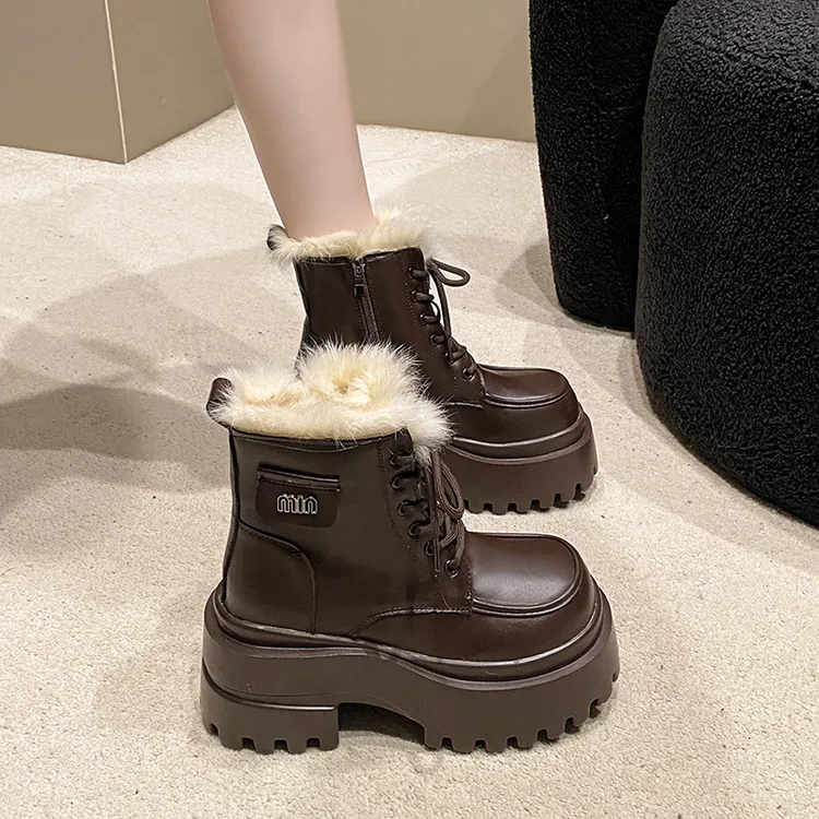 9CM厚底加绒马丁靴女英伦风2025新款冬季增高棉鞋小个子松糕短靴
