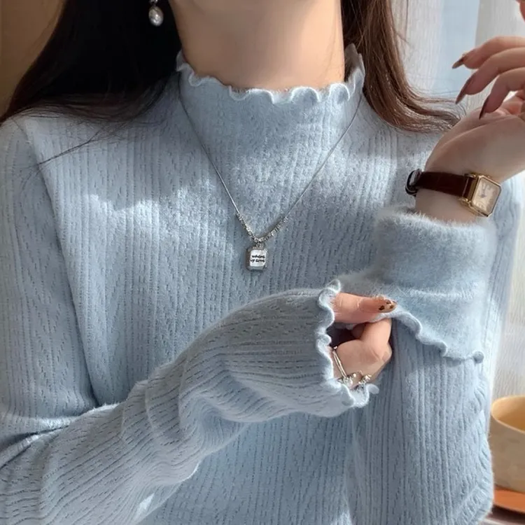 半高领一体加绒毛衣2025春秋新款打底衫女内搭木耳边针织上衣显瘦