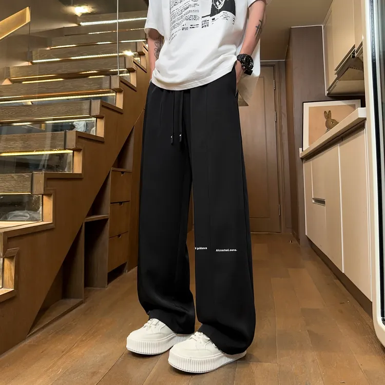 夏季薄款冰丝裤子男垂感美式潮牌弯刀休闲裤速干宽松直筒阔腿长裤
