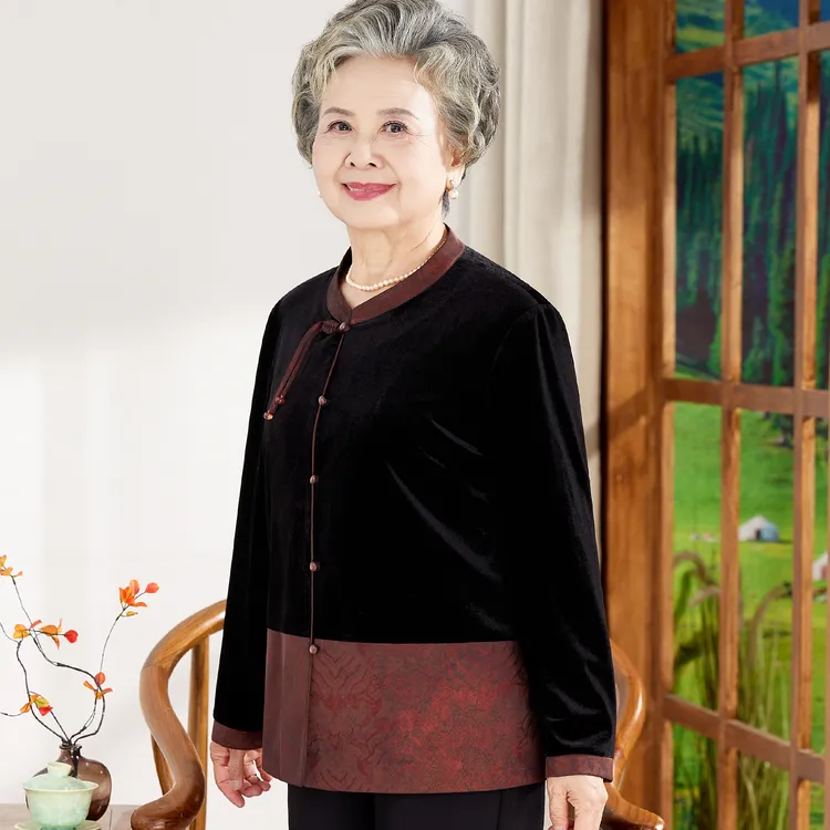 妈妈秋装高贵金丝绒上衣中老年女装衬衫老人中式唐装衣服奶奶外套