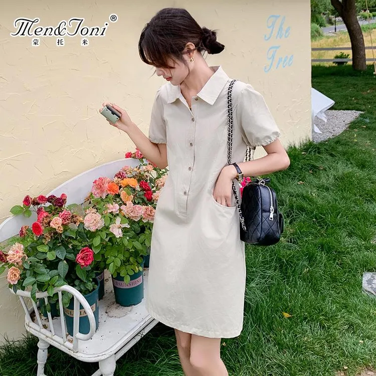 蒙托米&卡其色法式泡泡袖连衣裙女夏小个子2025新款抽绳直筒休闲