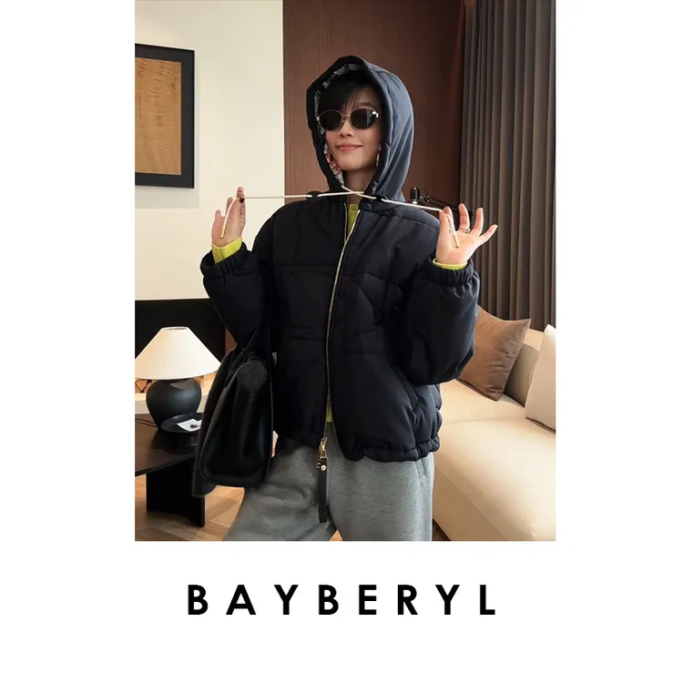 BAYBERYL老贝涂鸦*连帽黑色时尚休闲绗缝冬羽绒服YRF5J2741