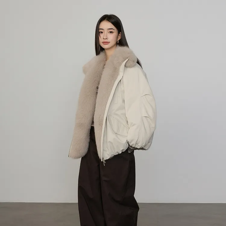 温暖对白 进口狐狸皮草毛领外套女廓形90白鹅绒羽绒服25101-1