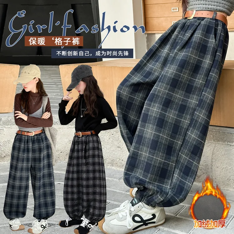 女童复古加绒格子裤2025秋冬新款大童一体绒加厚保暖儿童韩系穿搭