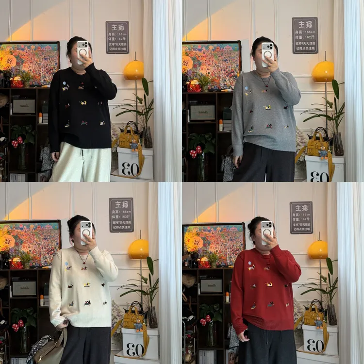 YZJ【狗狗游乐园】大码刺绣宽松女毛针织衫套头秋冬圆领百搭上衣