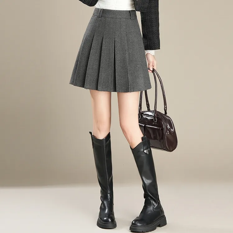 亮闪毛呢百褶裙女秋冬显瘦a字短裙2025新款高腰减龄百搭半身裙厚