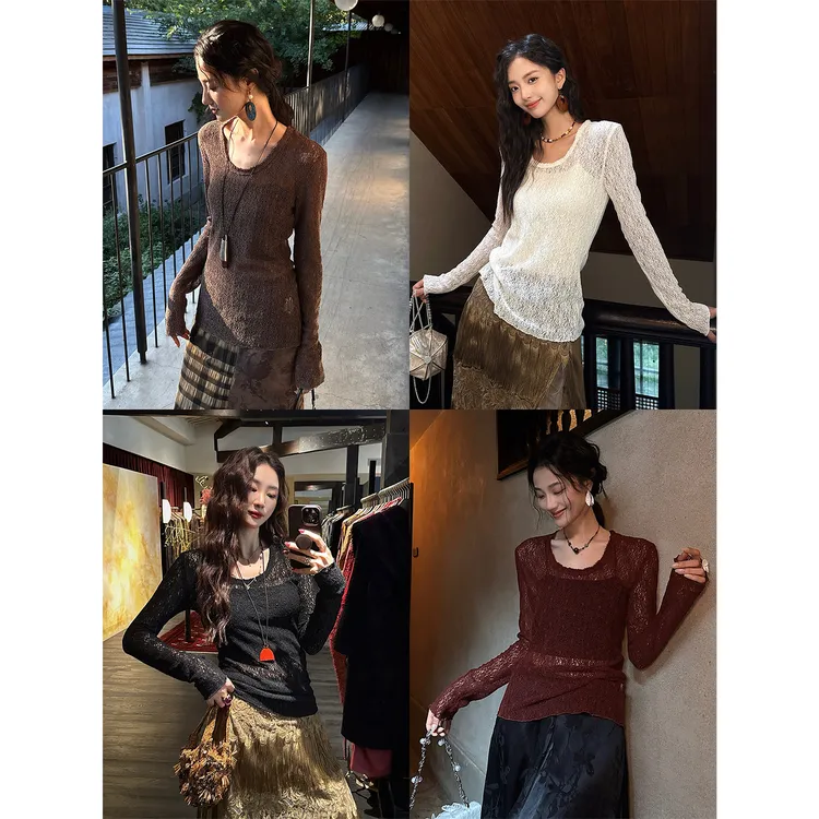 三吉黑花【岁岁暖】早秋上衣镂空蕾丝长袖内搭打底衫女针织T恤潮