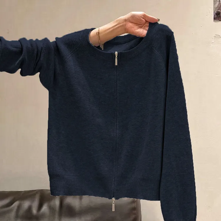 【80-180斤】法式双拉链针织开衫外套女秋冬洋气极简风圆领纯色毛衣