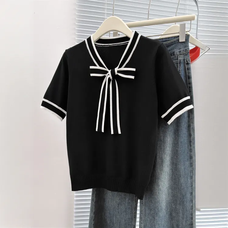 夏季短袖常规款蝴蝶结女毛针织衫时尚韩版女装黑色针织衫减龄