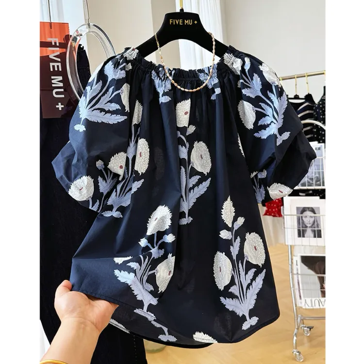 2025夏新款法式轻奢印花蓝色衬衫女减龄洋气灯笼袖纯棉上衣