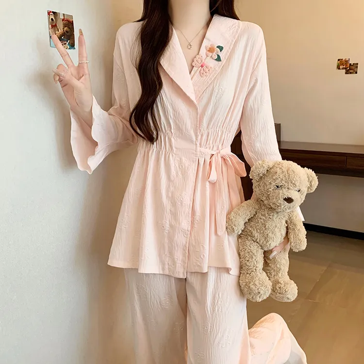 长袖和服家居服套装粉色高级感开衫系带喇叭袖云朵棉收腰睡衣女款