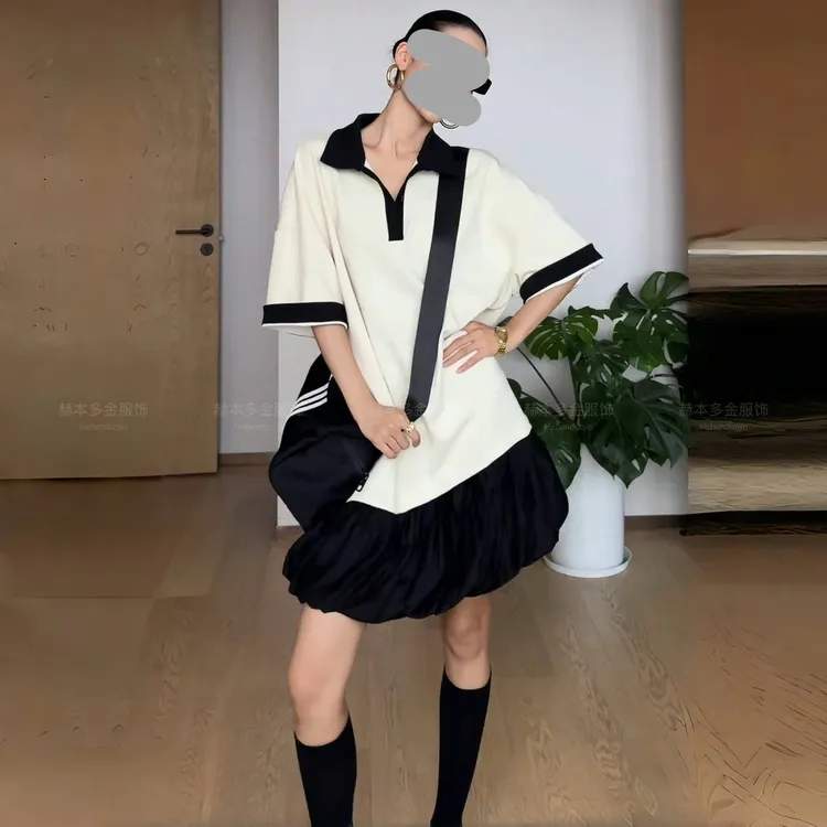 2025夏季简约百搭老钱风POLO领宽松短袖T显瘦撞色拼接中长连衣裙