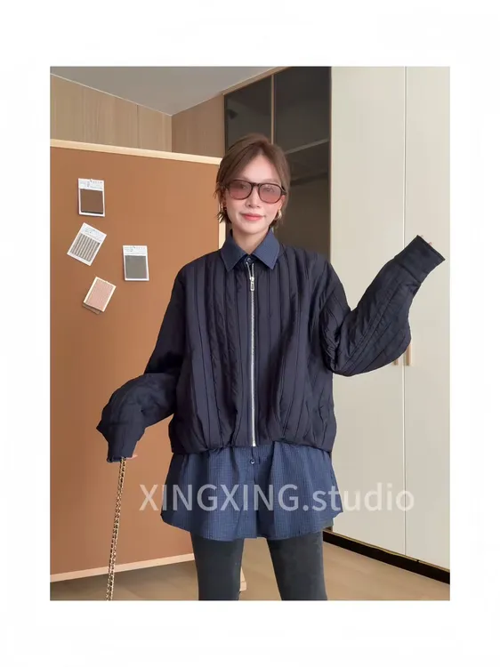 X.x.时尚显瘦长袖休闲风短款假两件棉服短外套圆领女厚款05508