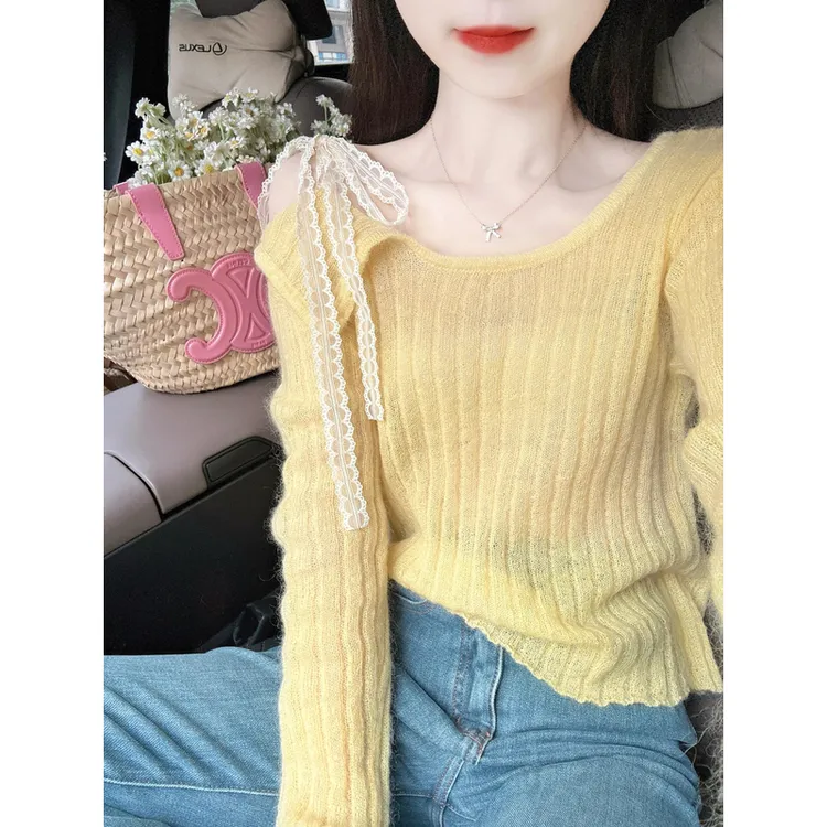F韩系穿搭多巴胺黄色针织衫袖2025新款开春薄款超好看独特漂亮上