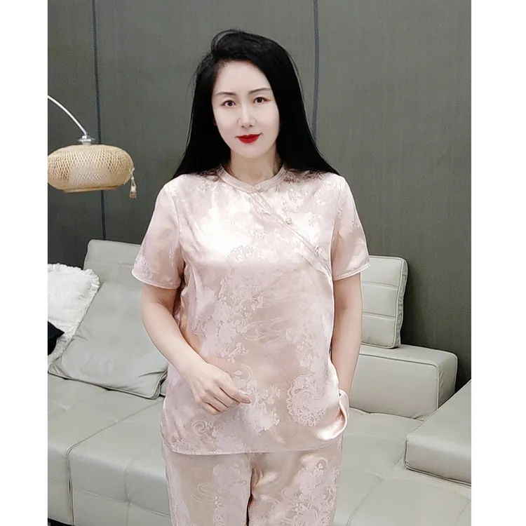 提花短袖圆领高档优雅气质减龄新中式女士气质绣花夏季宽松T恤