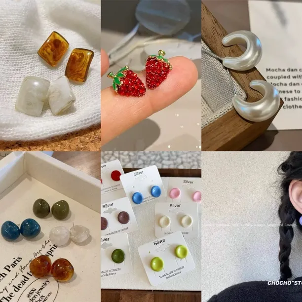 合金耳饰 男女通用可爱耳钉精致小众迷你蓝色几何女水果耳饰红色