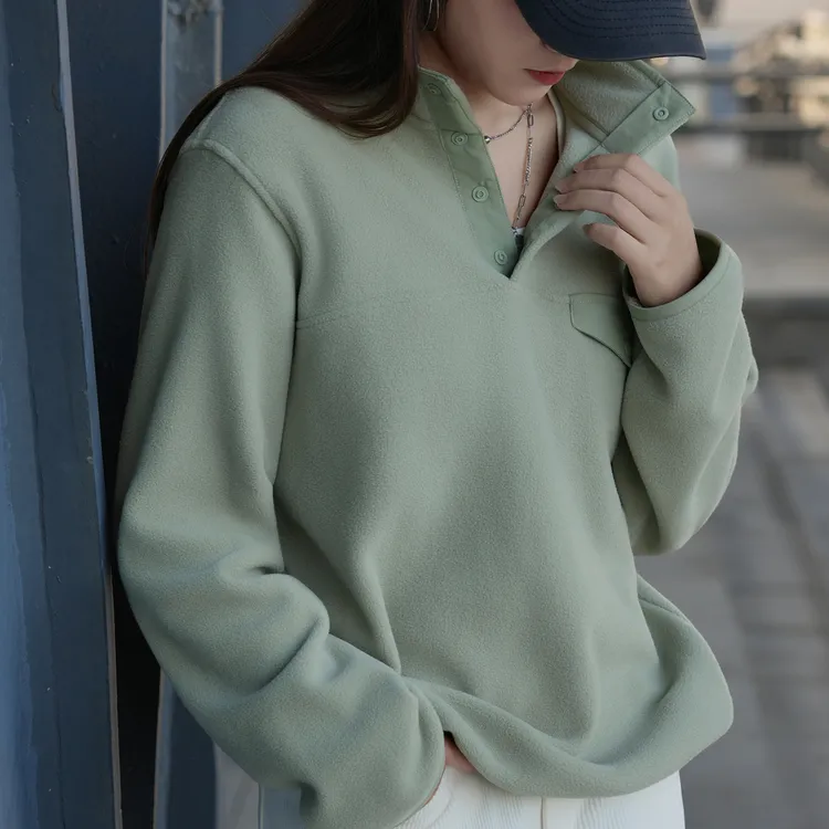 摇粒绒秋冬抗静电女士半高领立领宽松长袖加绒卫衣外套奥粒绒绒衫