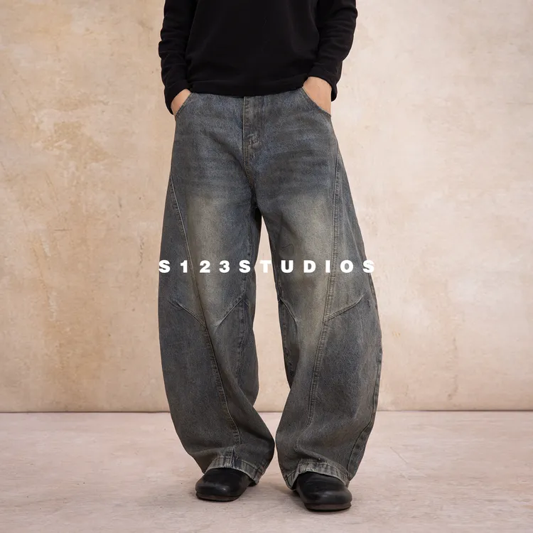聪明陈美式复古水洗做旧弯刀牛仔裤男秋冬新款宽松百搭直筒阔腿裤