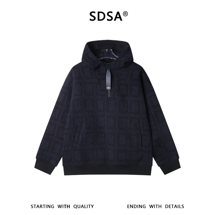 SDSA男士秋冬新款痞帅男装简约撞色格纹半拉链立领连帽卫衣百搭