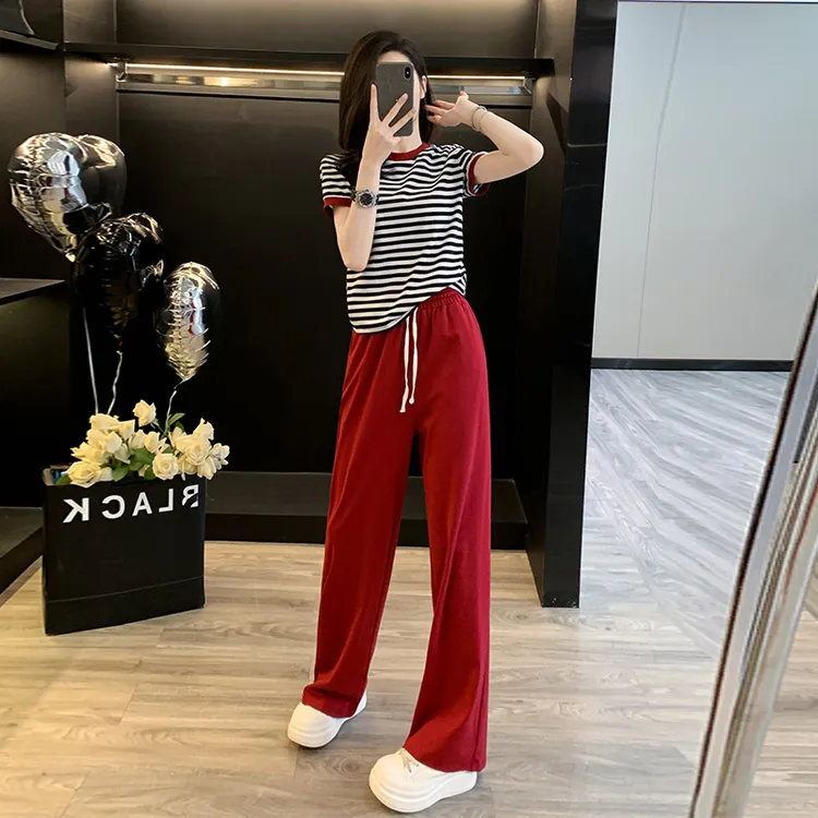 休闲运动套装女2025夏季新款复古条纹短袖T恤阔腿裤显瘦两件套潮